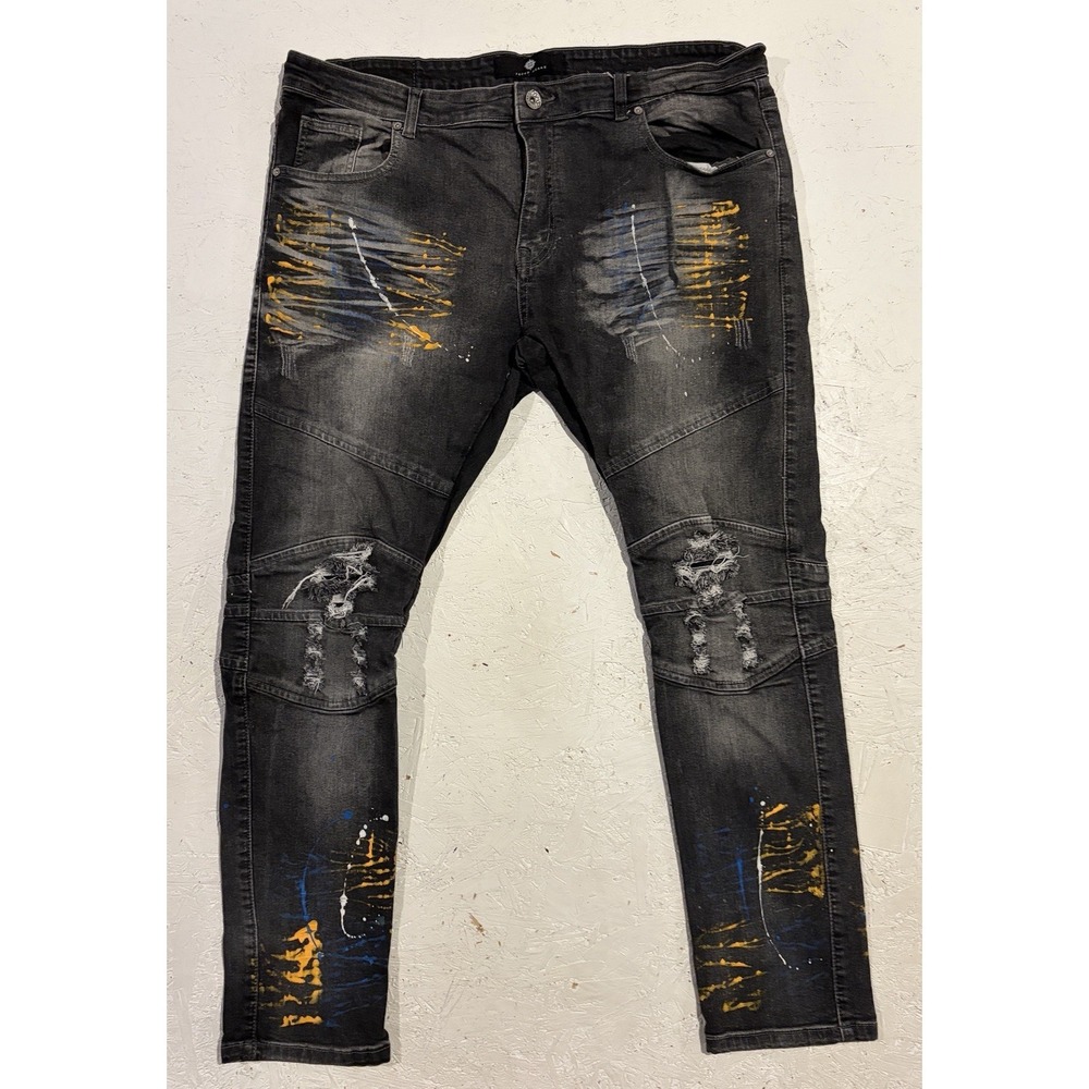 Focus Jeans Men's Size 42x32 Moto Blue Paint Splatter Distressed Denim Pants